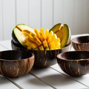 Tropical Mango & Avocado Bowl In Coconut Bowls, White Table (1)